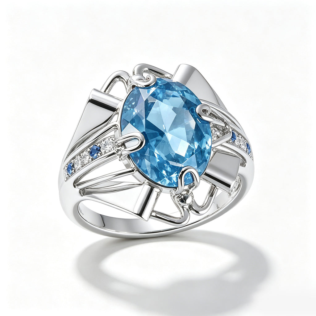 Aquamarine Architectural Silver Statement Ring
