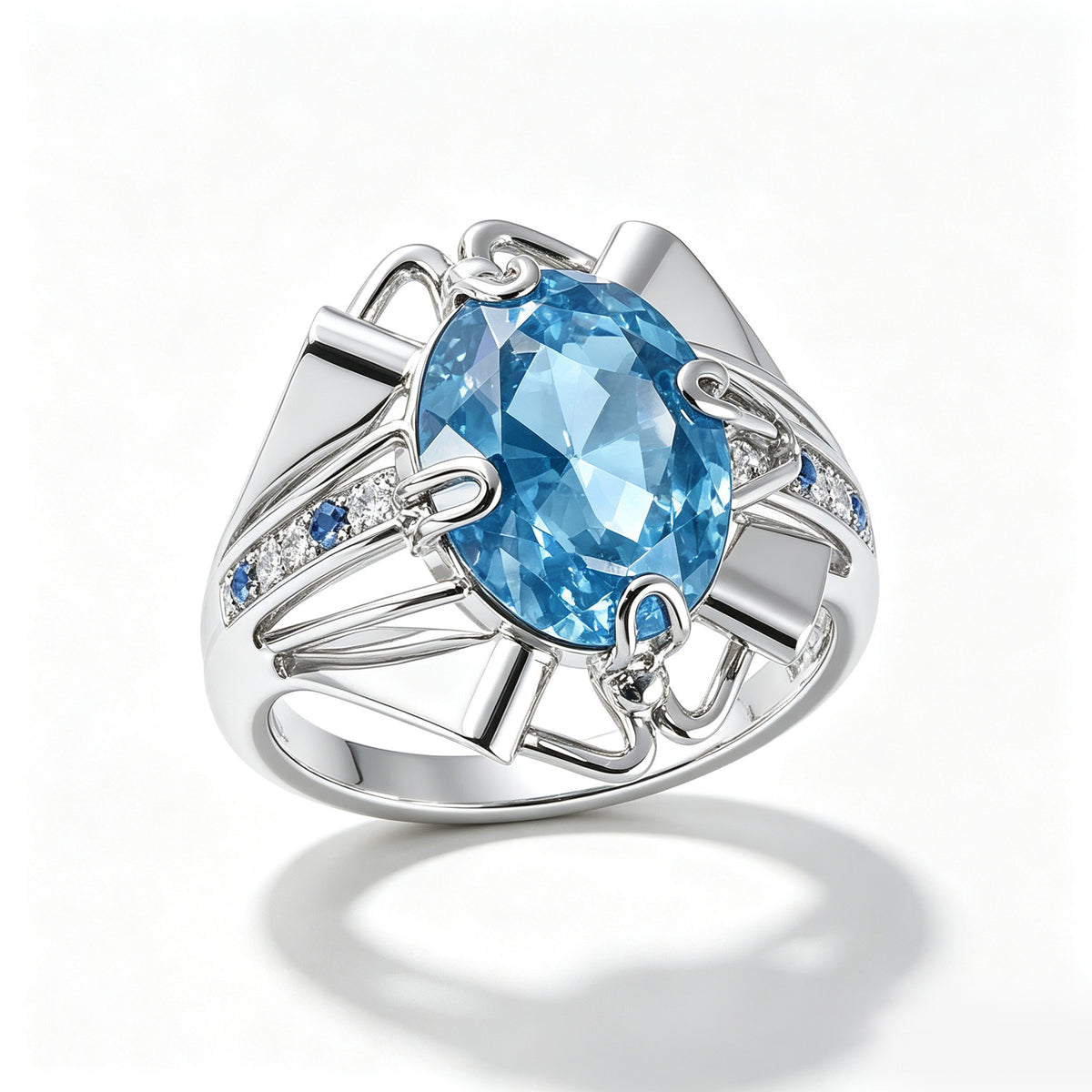 Aquamarine Architectural Silver Statement Ring