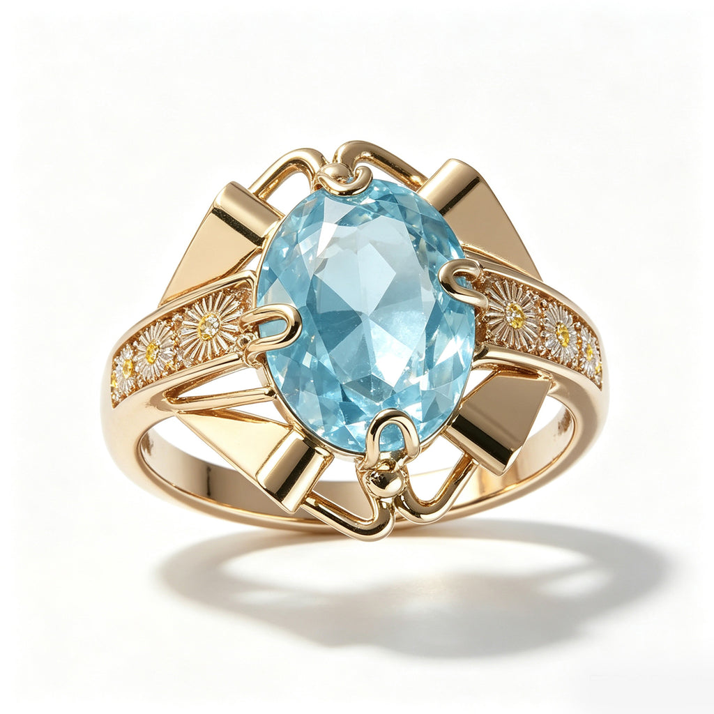 Aquamarine Architectural Gold Statement Ring