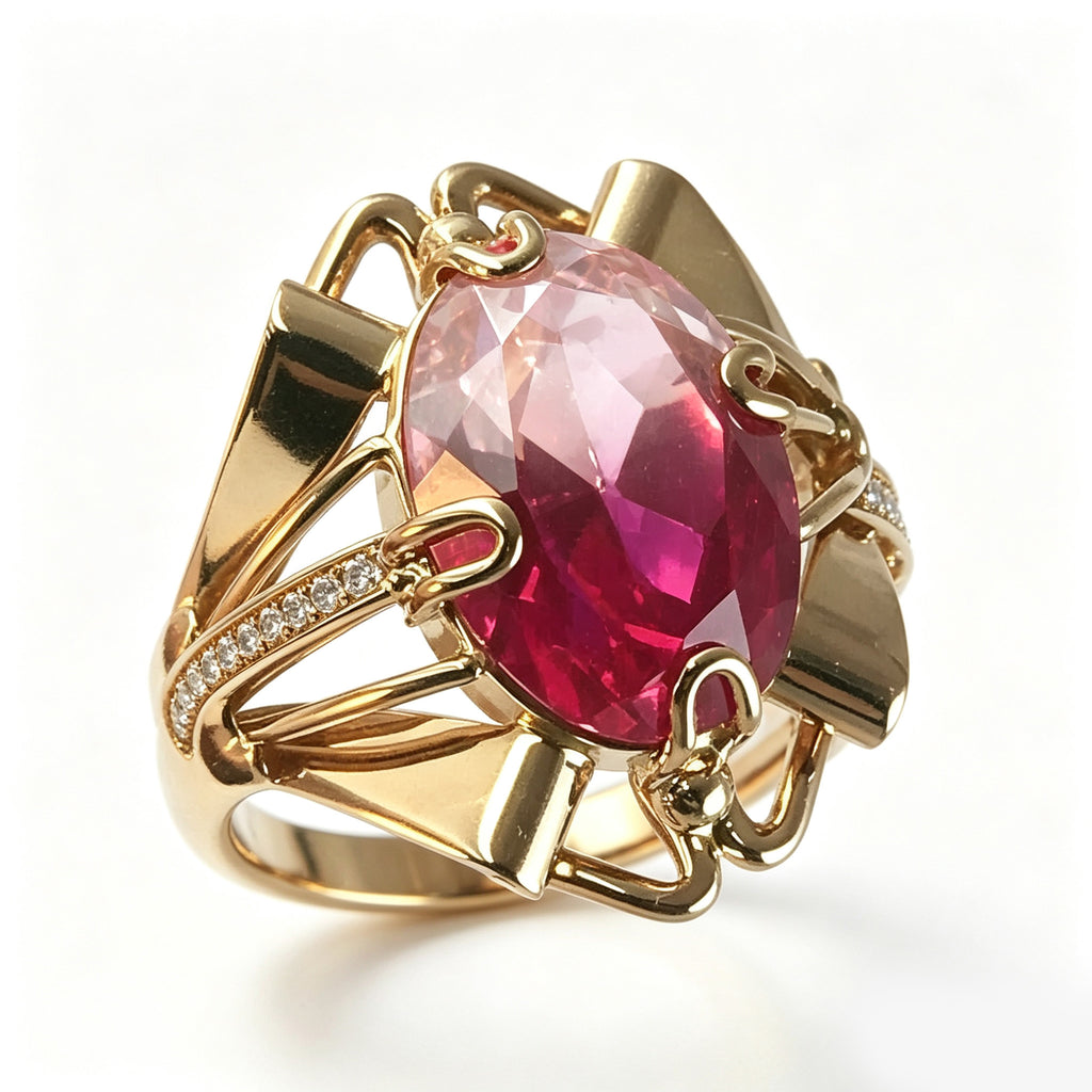 Pink Tourmaline Architectural Gold Statement Ring