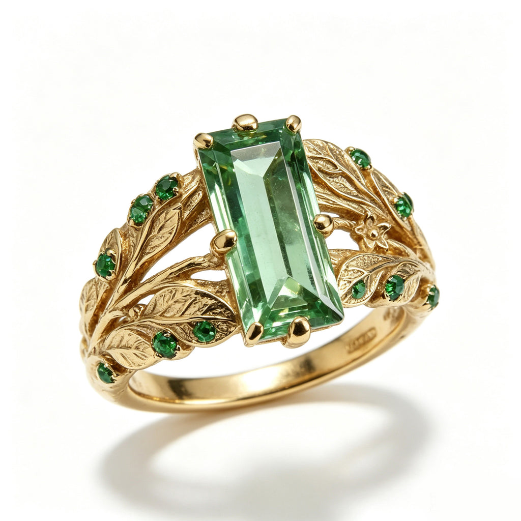 Baguette Green Tourmaline Botanical Gold Ring