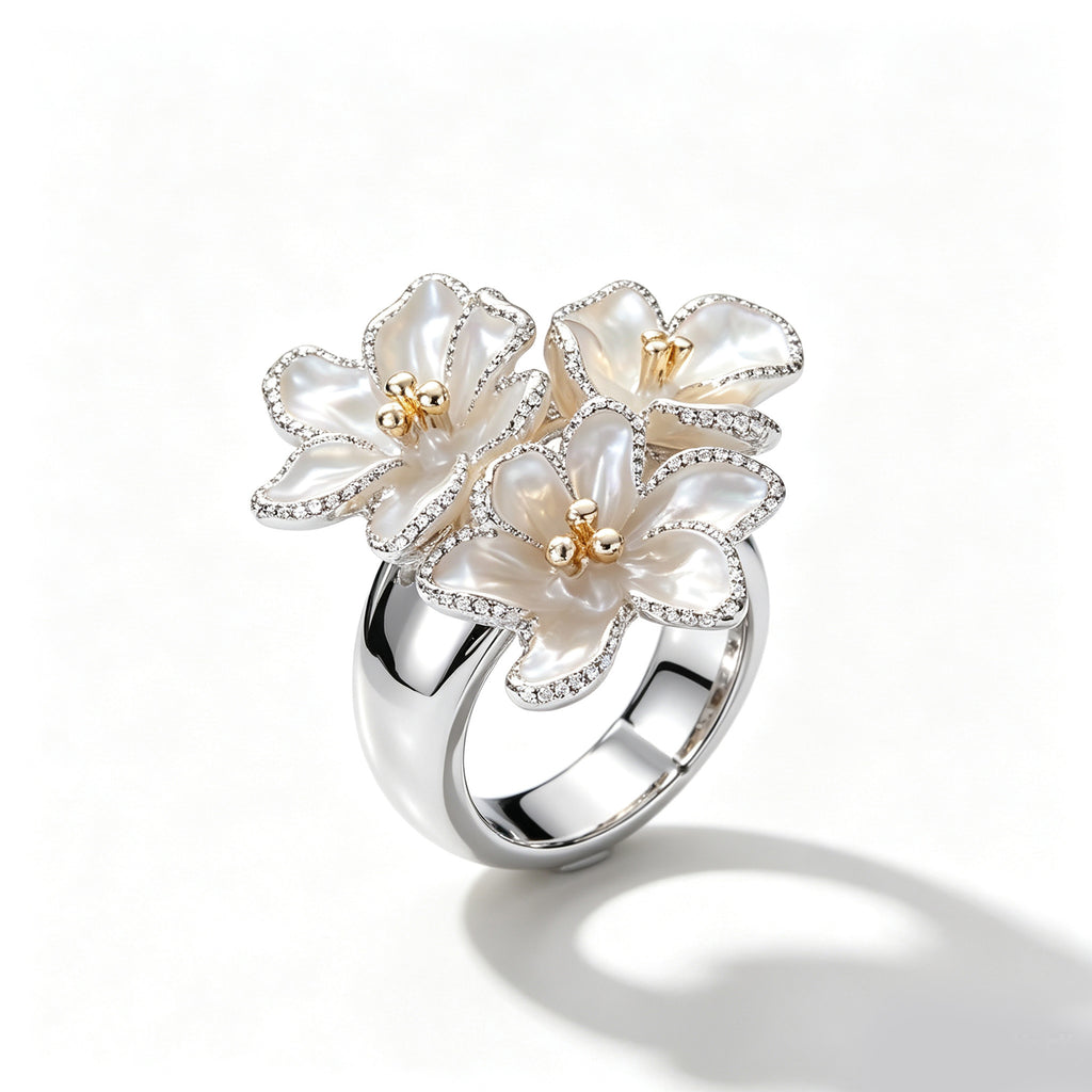 Pave Crystal Mother-of-Pearl Floral Cluster Ring