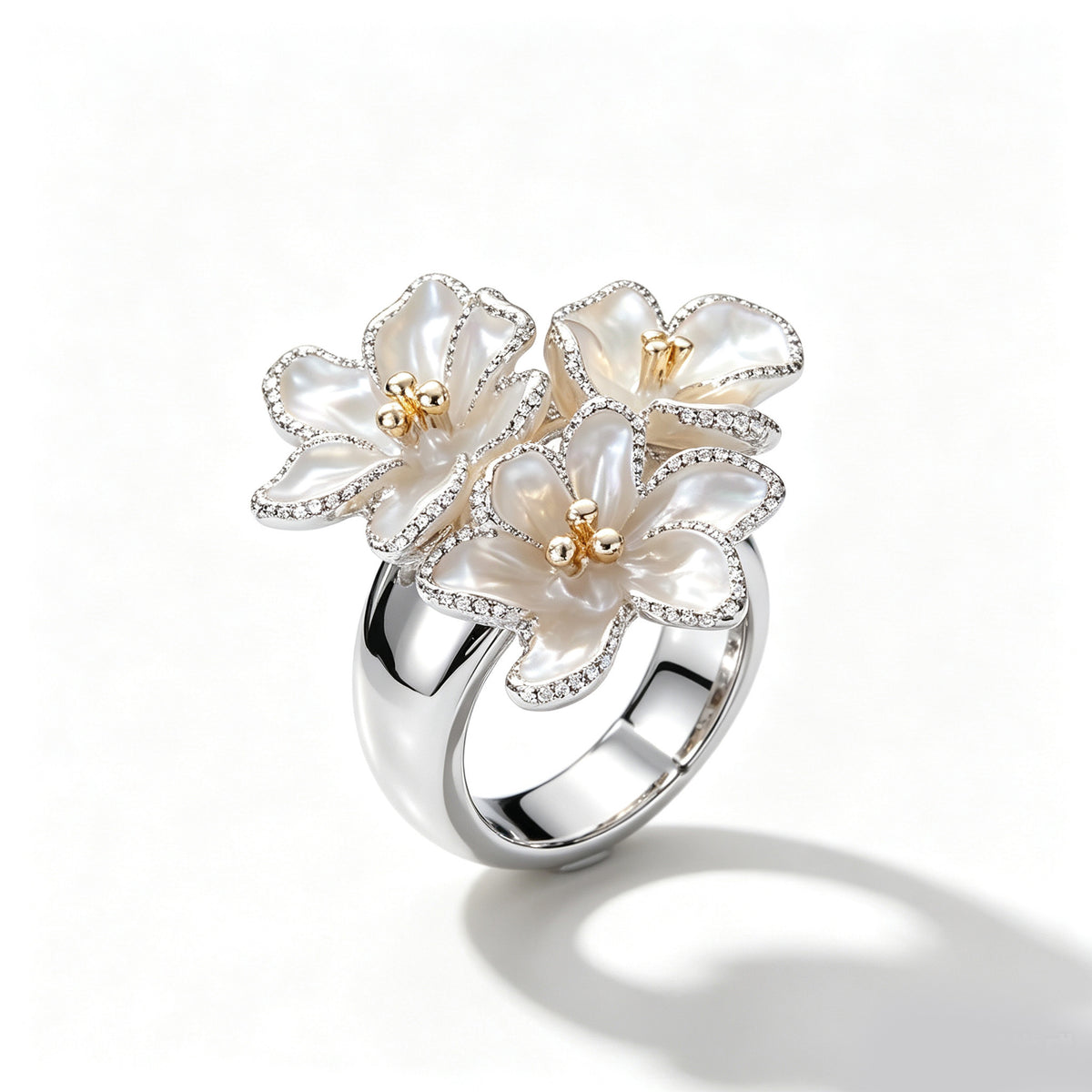 Pave Crystal Mother-of-Pearl Floral Cluster Ring
