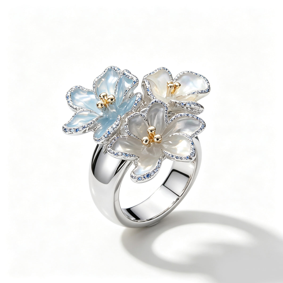 Pave Blue Crystal Floral Cluster Ring