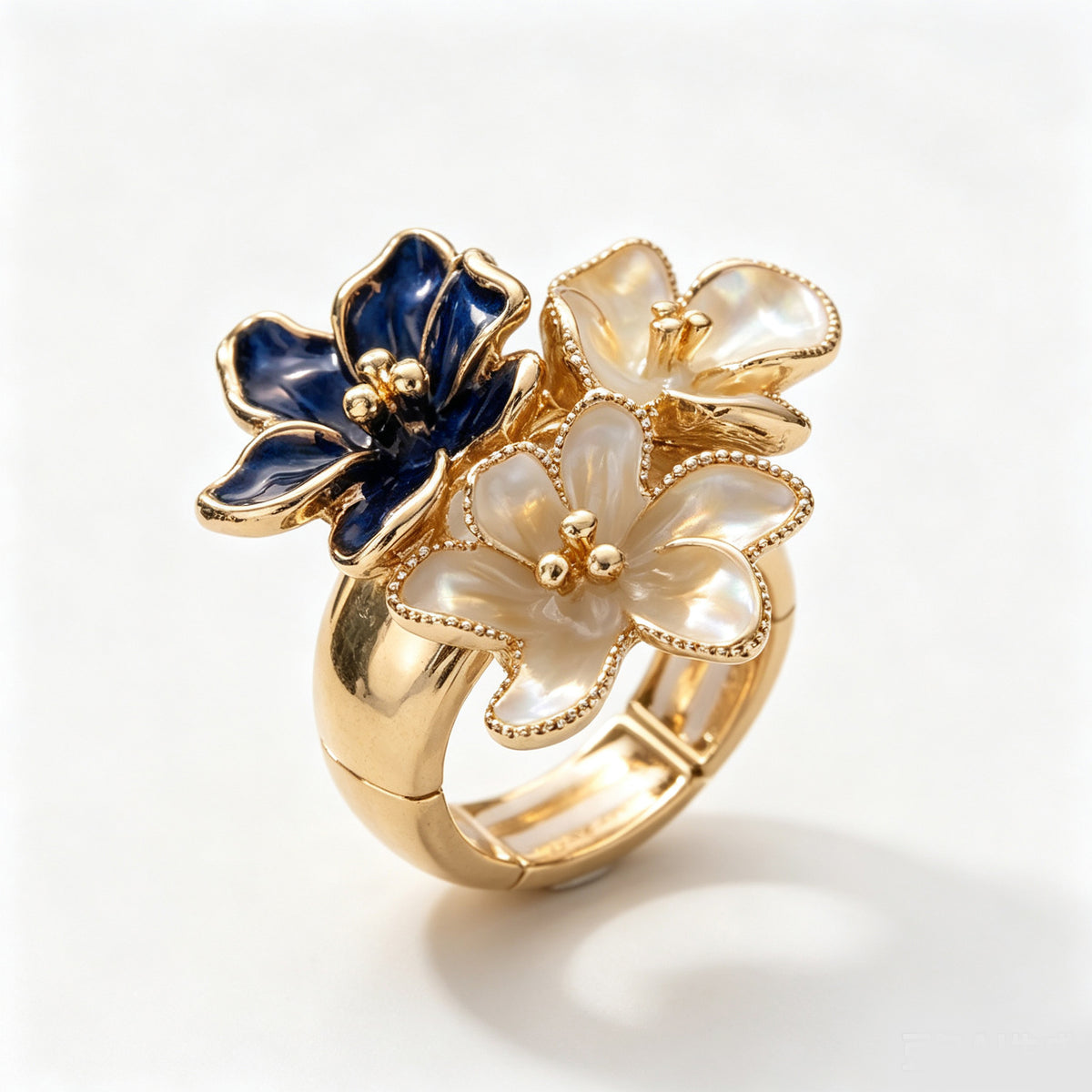 Navy and Pearl Floral Cluster Gold Ring