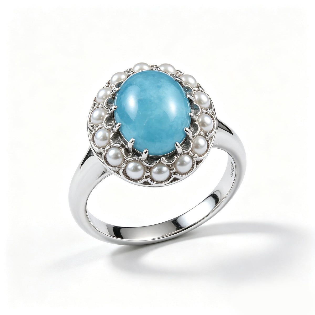 Larimar and Pearl Halo Silver Ring