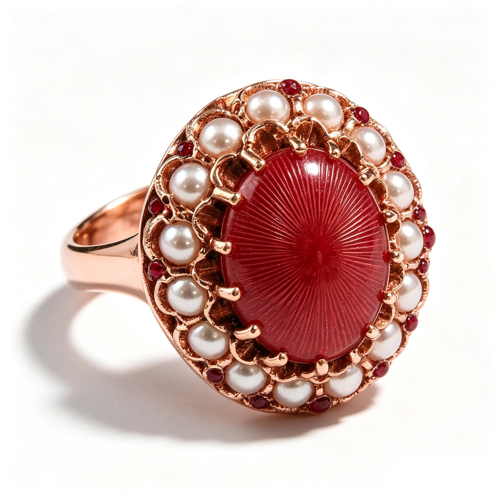 Guilloché Red Enamel and Pearl Cluster Rose Gold Ring