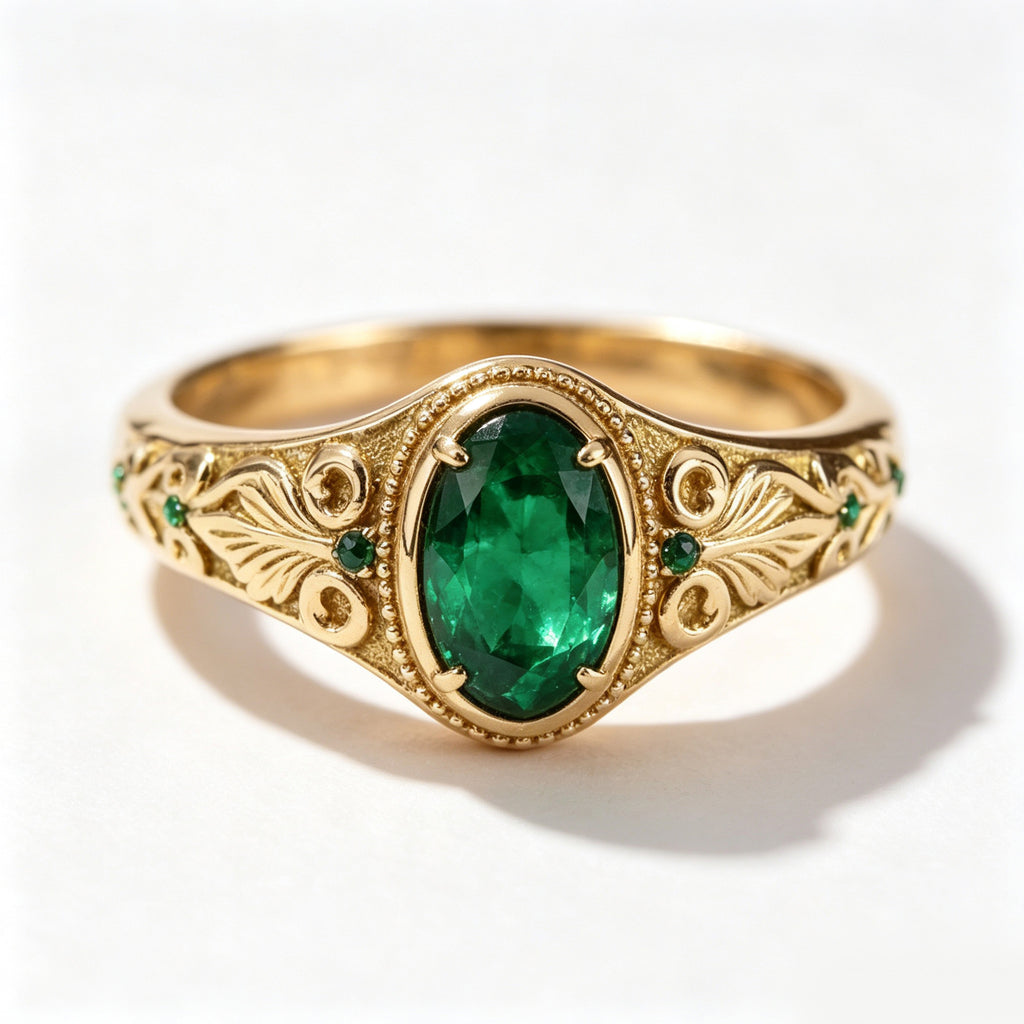 Oval Emerald Filigree Scroll Gold Ring