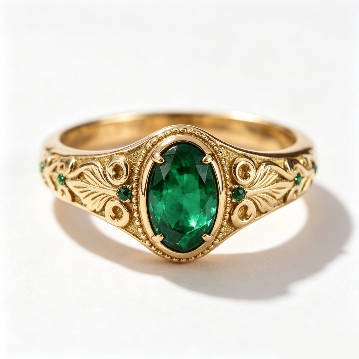 Oval Emerald Filigree Scroll Gold Ring