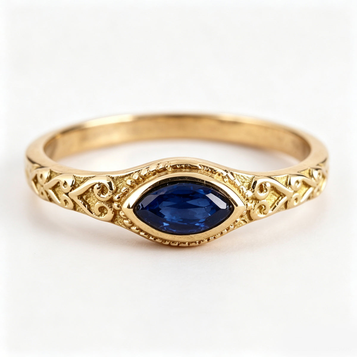 Marquise Blue Sapphire Scroll Gold Ring