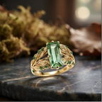 Baguette Green Tourmaline Botanical Gold Ring