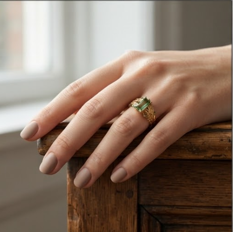 Baguette Green Tourmaline Botanical Gold Ring