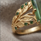 Baguette Green Tourmaline Botanical Gold Ring