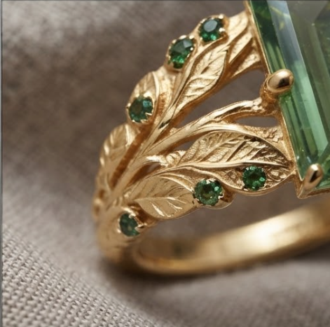 Baguette Green Tourmaline Botanical Gold Ring