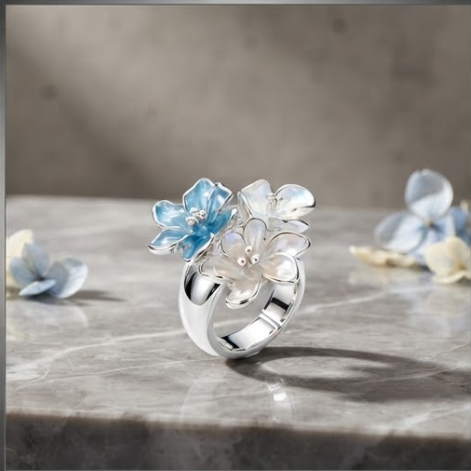 Enamel Floral Cluster Silver Statement Ring