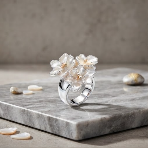 Pave Crystal Mother-of-Pearl Floral Cluster Ring