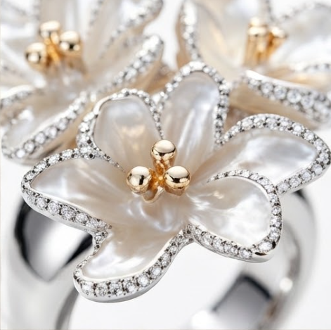 Pave Crystal Mother-of-Pearl Floral Cluster Ring