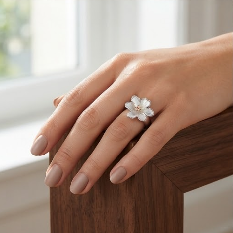 Pave Crystal Mother-of-Pearl Floral Cluster Ring