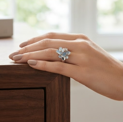 Pave Blue Crystal Floral Cluster Ring