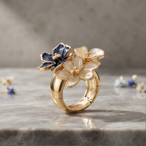 Navy and Pearl Floral Cluster Gold Ring