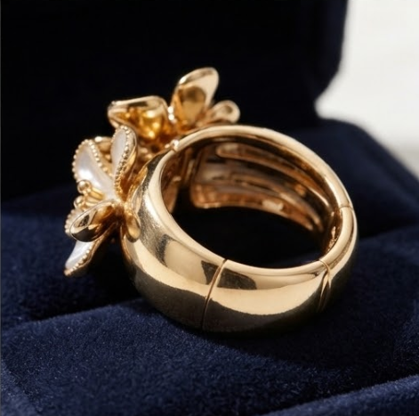 Navy and Pearl Floral Cluster Gold Ring