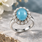 Larimar and Pearl Halo Silver Ring