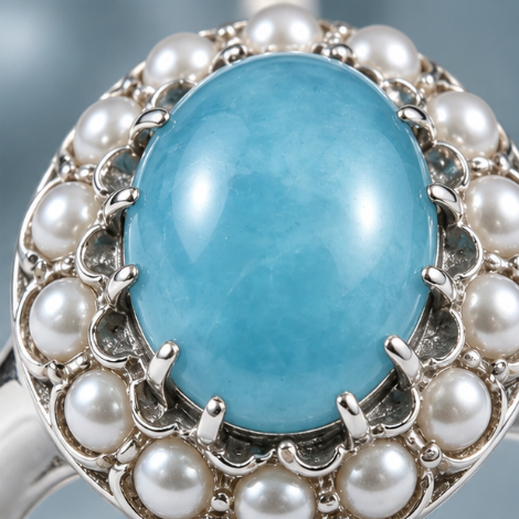 Larimar and Pearl Halo Silver Ring