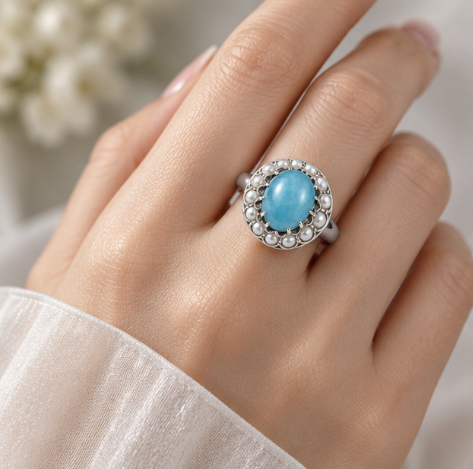Larimar and Pearl Halo Silver Ring