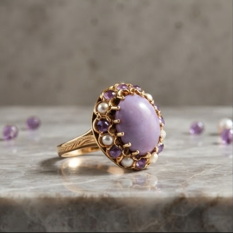 Lavender Jade and Amethyst Cluster Gold Ring