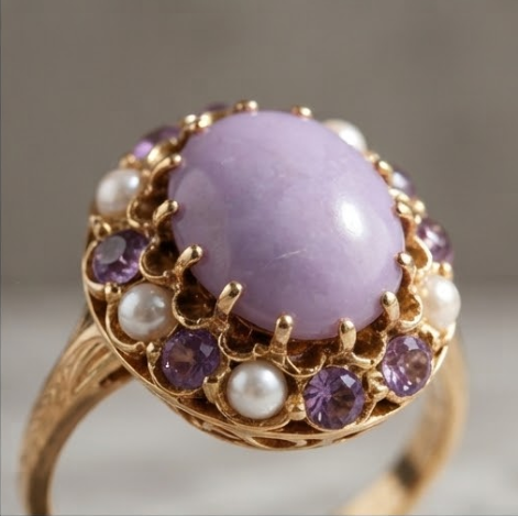 Lavender Jade and Amethyst Cluster Gold Ring