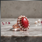 Guilloché Red Enamel and Pearl Cluster Rose Gold Ring