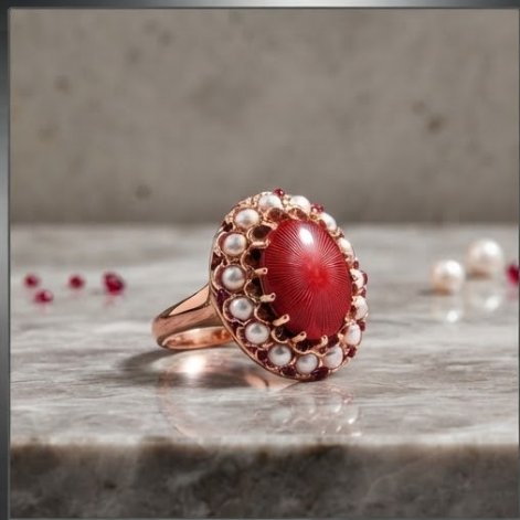 Guilloché Red Enamel and Pearl Cluster Rose Gold Ring