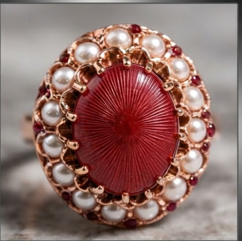 Guilloché Red Enamel and Pearl Cluster Rose Gold Ring