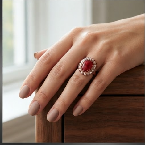 Guilloché Red Enamel and Pearl Cluster Rose Gold Ring