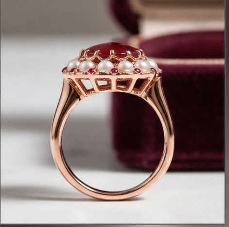 Guilloché Red Enamel and Pearl Cluster Rose Gold Ring