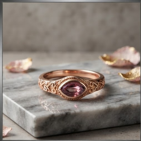 Marquise Pink Tourmaline Scroll Rose Gold Ring