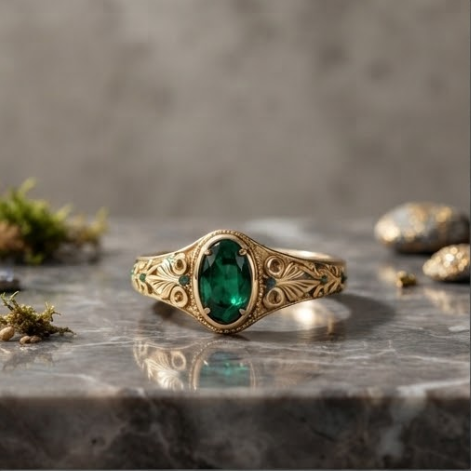 Oval Emerald Filigree Scroll Gold Ring