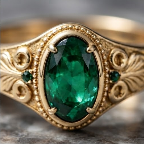 Oval Emerald Filigree Scroll Gold Ring