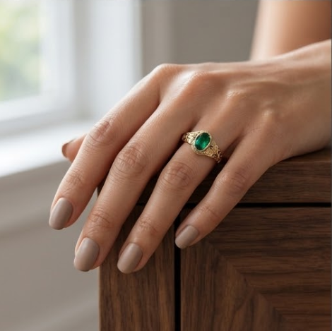 Oval Emerald Filigree Scroll Gold Ring