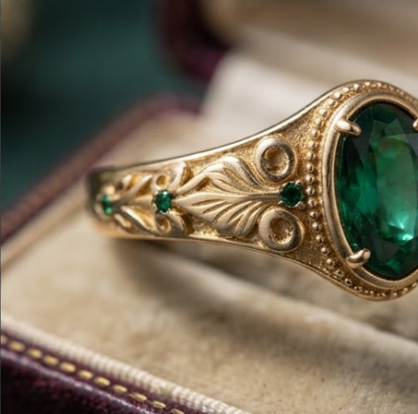 Oval Emerald Filigree Scroll Gold Ring