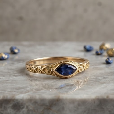 Marquise Blue Sapphire Scroll Gold Ring