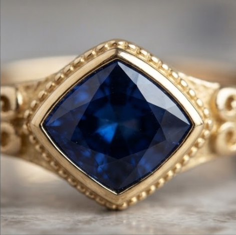Marquise Blue Sapphire Scroll Gold Ring