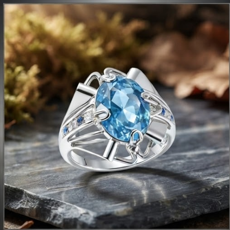 Aquamarine Architectural Silver Statement Ring