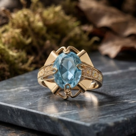 Aquamarine Architectural Gold Statement Ring