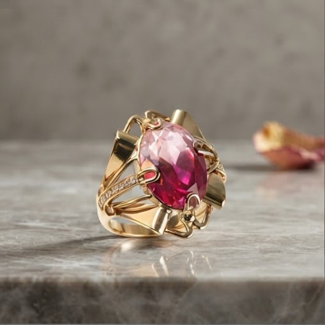 Pink Tourmaline Architectural Gold Statement Ring