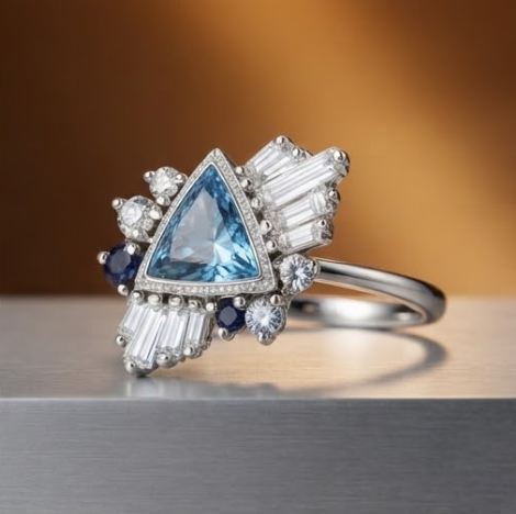 Trilliant Aquamarine Asymmetric Cluster Silver Ring